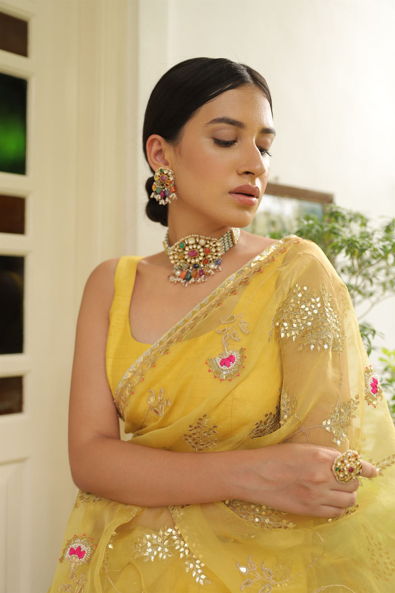 Aarti Sethia Studio    I    Yellow Hand Embroidered Gota Patti Jaal Saree Set - Shop Cult Modern