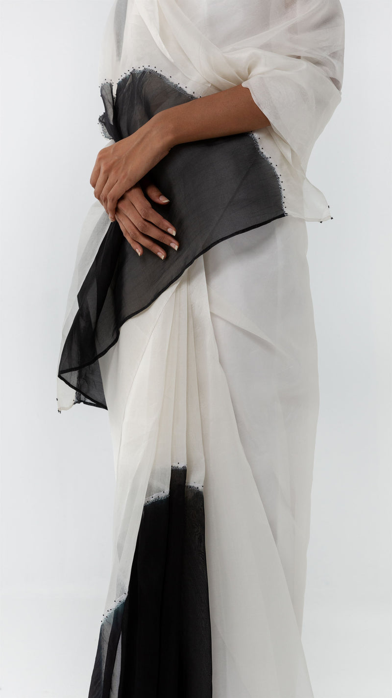 Studio Medium   I   Shibori Conti POLKA ORGANZA SAREE - WHITE/BLACKPOL 05 - Shop Cult Modern