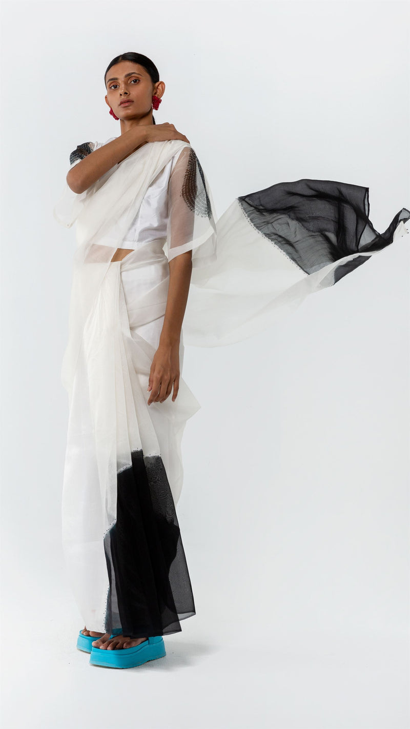 Studio Medium   I   Shibori Conti POLKA ORGANZA SAREE - WHITE/BLACKPOL 05 - Shop Cult Modern