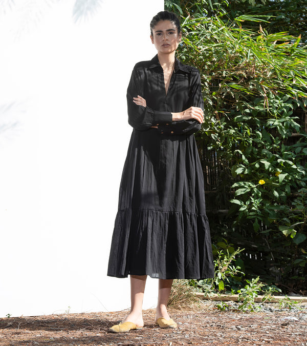 Khara Kapas Black Petunia Collared Long Dress - Shop Cult Modern