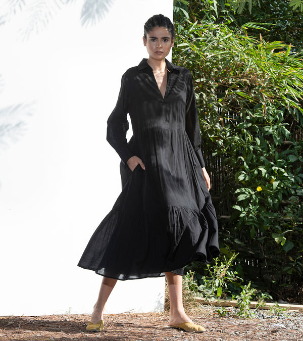 Khara Kapas Black Petunia Collared Long Dress - Shop Cult Modern