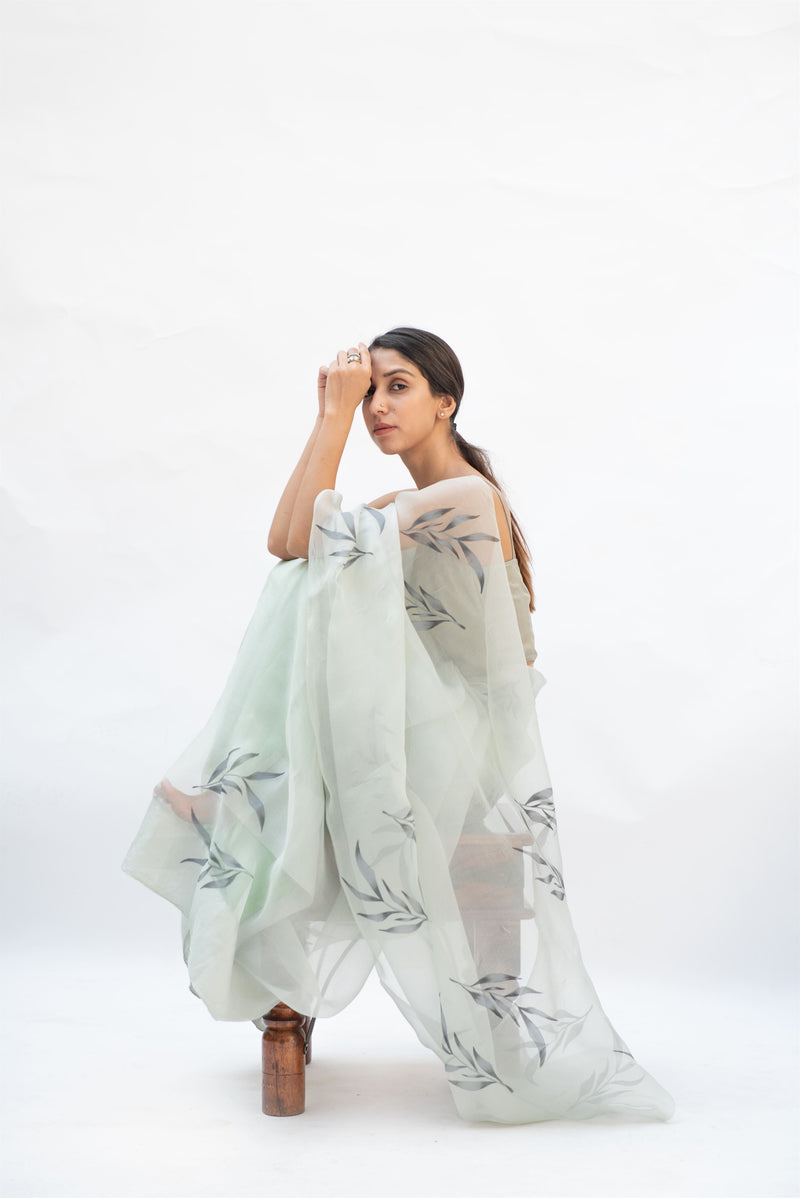 Kapardara - Botany  Saree - Silk Organza - Handpainted - Mint Green - Shop Cult Modern