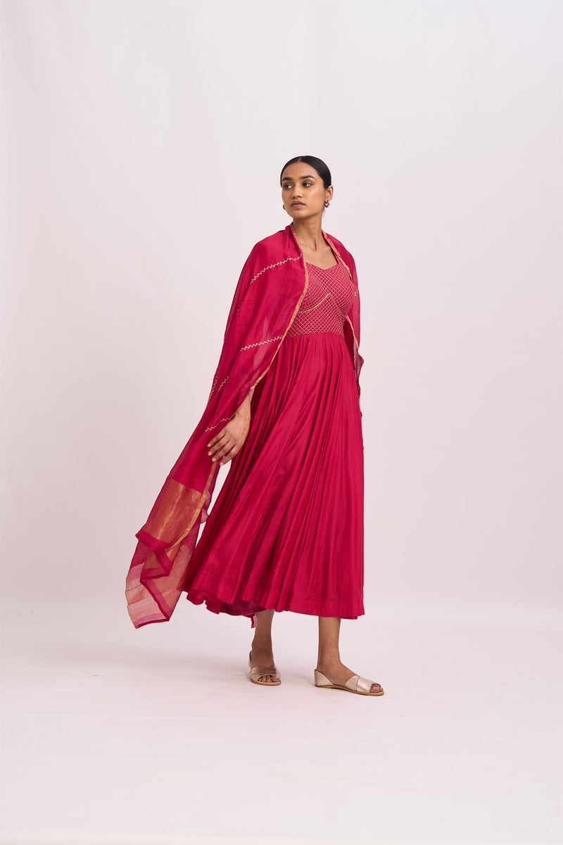 Dot   I   Lavani Arabian Bright Pink Kurta Set Cotton Silk Anarkali and Pants with Chanderi Dupatta Bright Pink SS22-B2-107 - Shop Cult Modern
