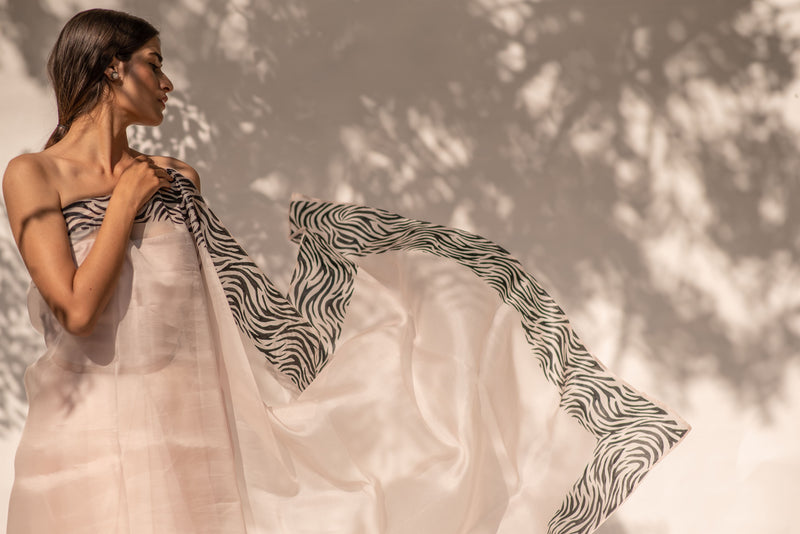 Kapardara - Motion Dazzle  Saree - Silk Organza - Handpainted - Rose Water Stripes - Shop Cult Modern