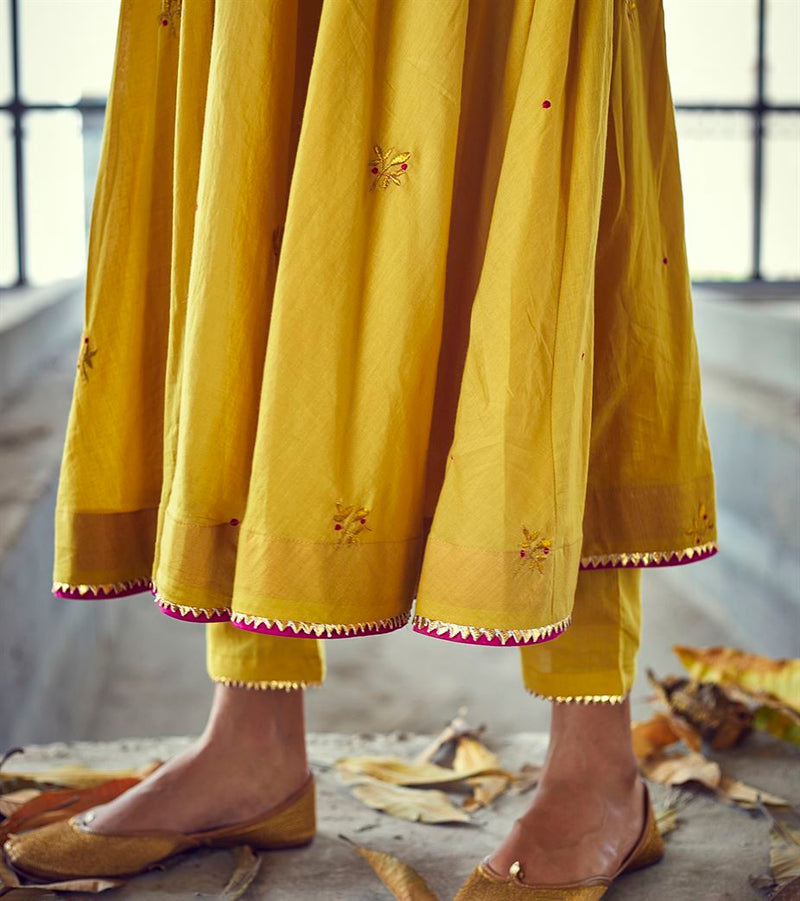 Khara Kapas Carnegie Hill embroidered pink gold floral choga set of two pants dress KW618 Festive - Shop Cult Modern
