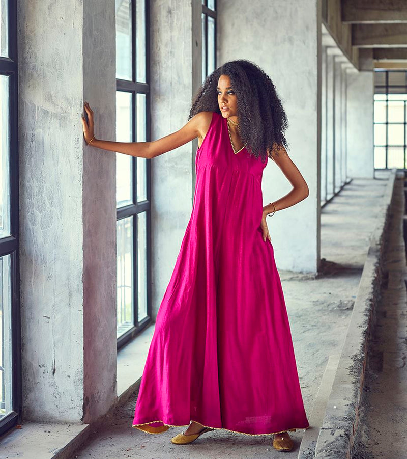 Khara Kapas Greenwich Street cotton silk flared jumpsuit pink gota Jamun KW630 Festive - Shop Cult Modern