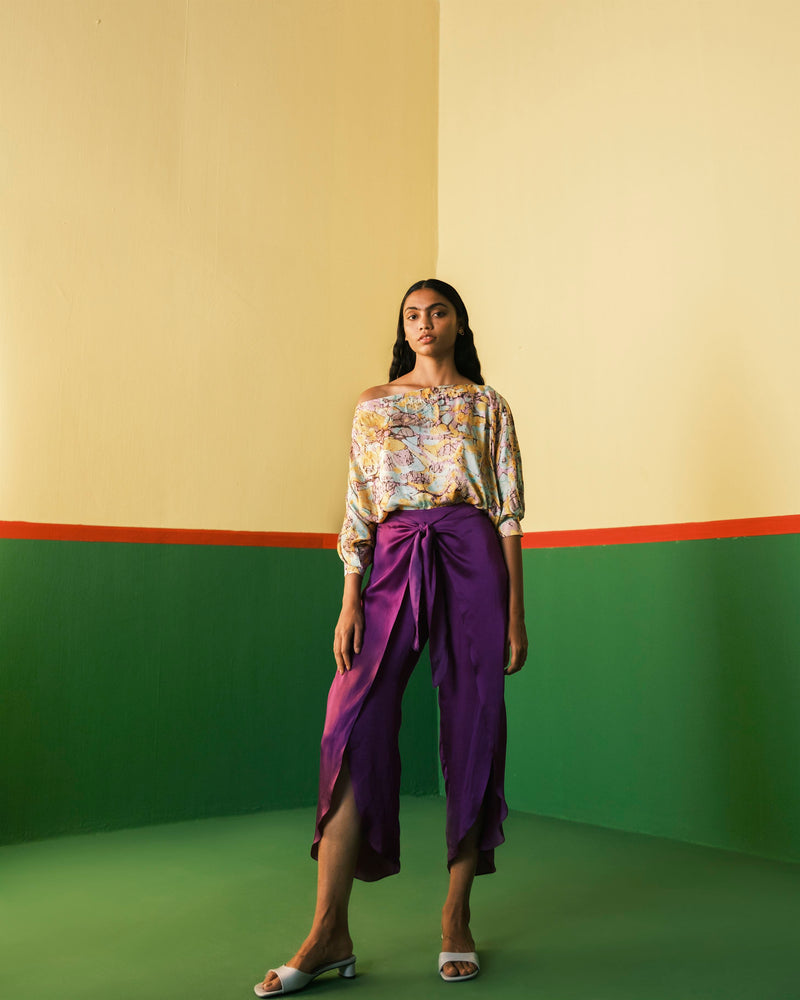 Studio Rigu   I   Juno Front Knot Trousers Plain Hand Dyed Vegan Silk Purple Srch026 - Shop Cult Modern