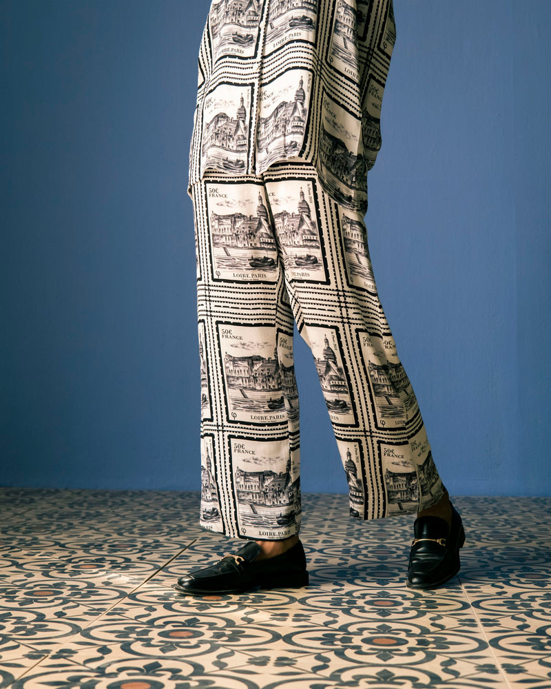 Studio Rigu   I   Paris Straight Trousers Printed Vegan Silk Paris Block Digital Print Srch036 - Shop Cult Modern