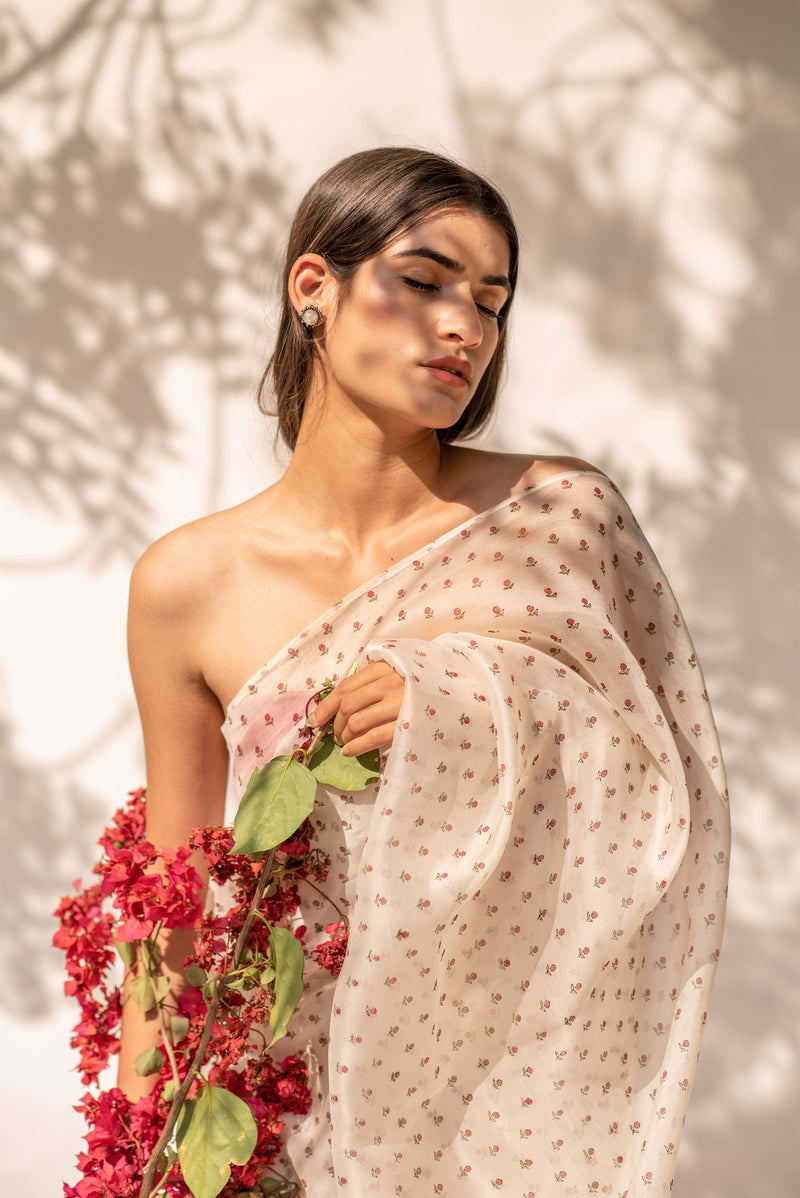 Kapardara - Elysian Saree - Silk Organza - Handblock Print - Ivory - Shop Cult Modern