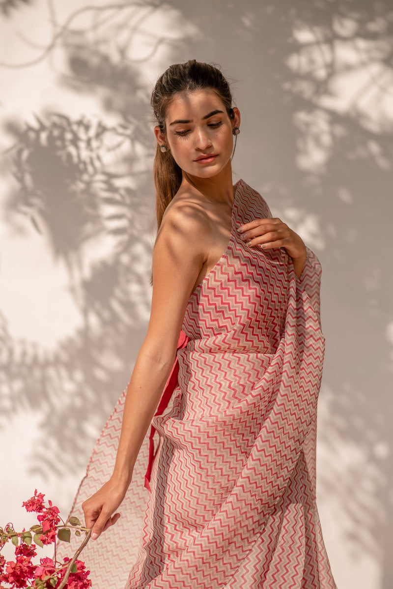 Kapardara - Zephyr Saree - Silk Organza - Handblock print - Rose Water Zig Zag - Shop Cult Modern