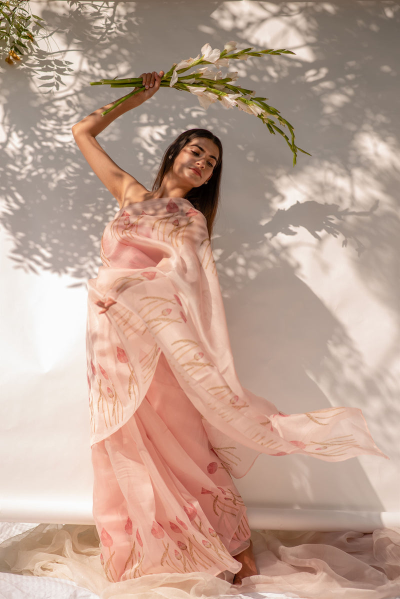 Kapardara - Elises Saree - Silk Organza - Handblock Print - Rose Pink - Shop Cult Modern