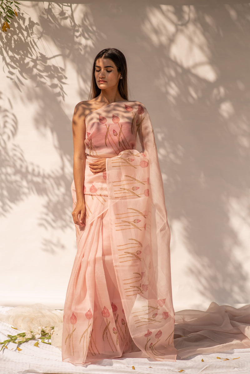 Kapardara - Elises Saree - Silk Organza - Handblock Print - Rose Pink - Shop Cult Modern