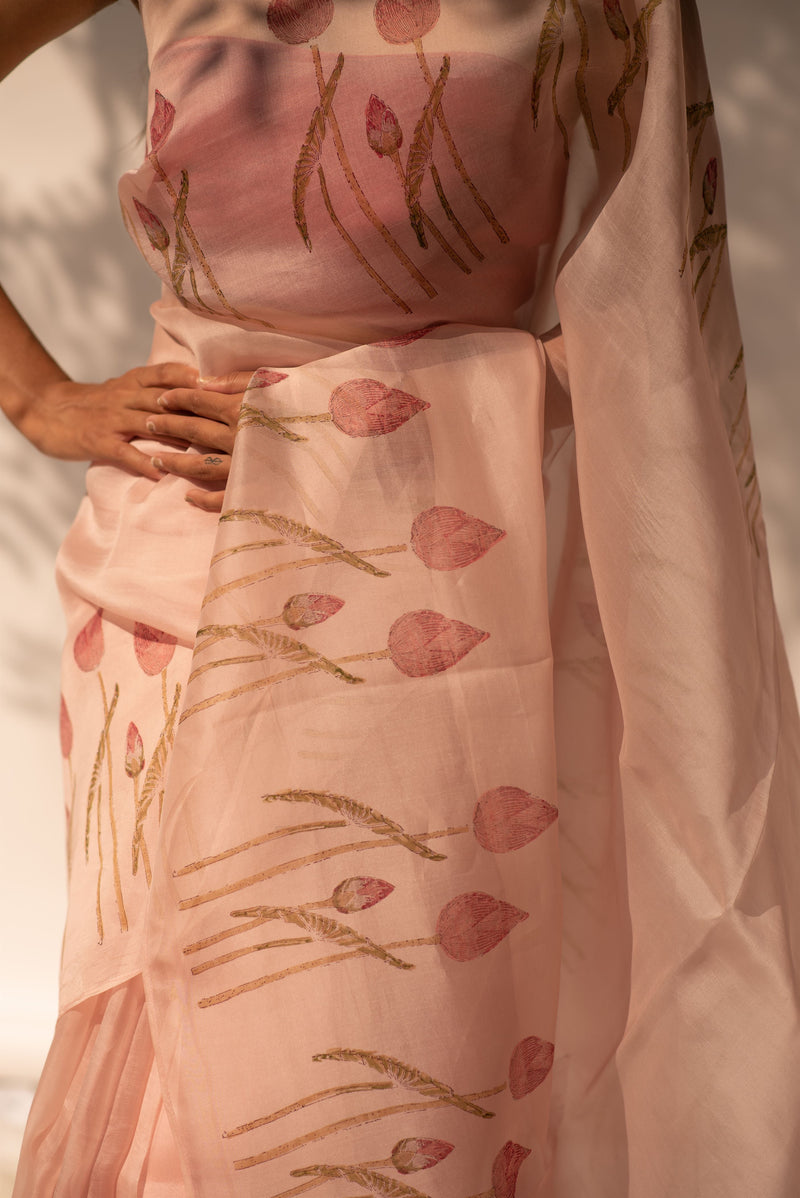 Kapardara - Elises Saree - Silk Organza - Handblock Print - Rose Pink - Shop Cult Modern