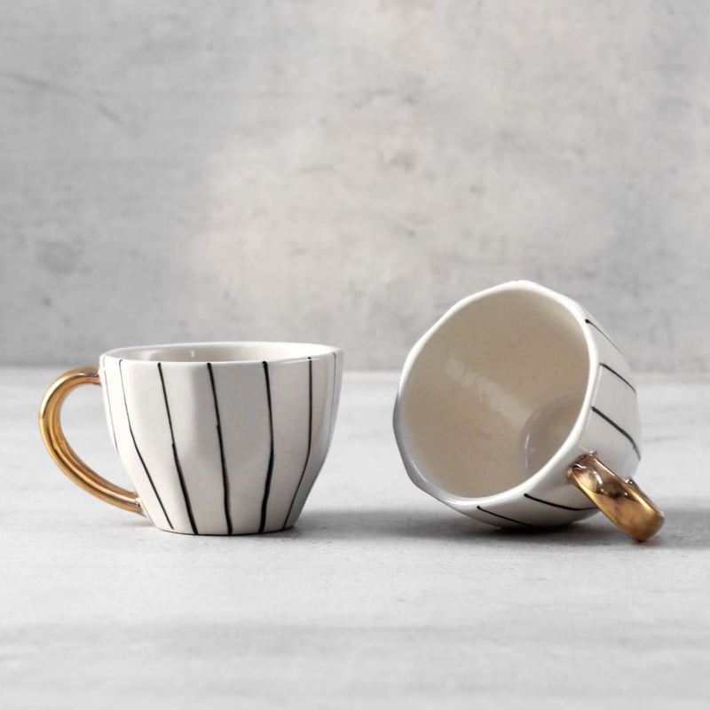 Home Artisan Iris Black Vertical Striped Ceramic Cup with Golden Handle - Set of 2 - Shop Cult Modern