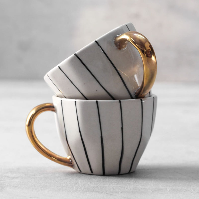Home Artisan Iris Black Vertical Striped Ceramic Cup with Golden Handle - Set of 2 - Shop Cult Modern