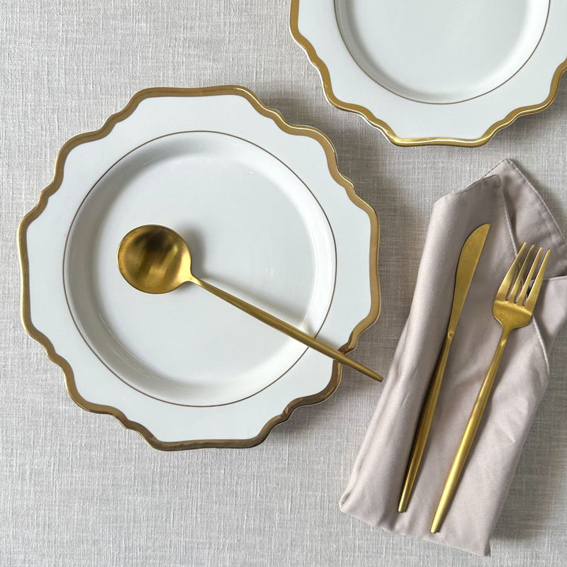 Edit House Home-Home Artisan Celestine White Porcelain Dinner Plate with Gold Rim Set of
