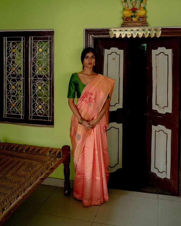 Suparna Som phool pata sari 48 inch width by 5.5 meter length Peach silk - delivery Time 8 weeks Festive 22 LOOK-27 - Shop Cult Modern