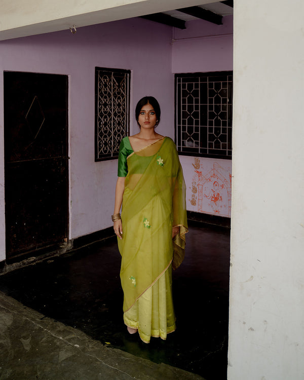 Suparna Som mehendi sari 48 inch width by 5.5 meter length Olive silk - delivery Time 8 weeks Festive 22 LOOK-06 - Shop Cult Modern