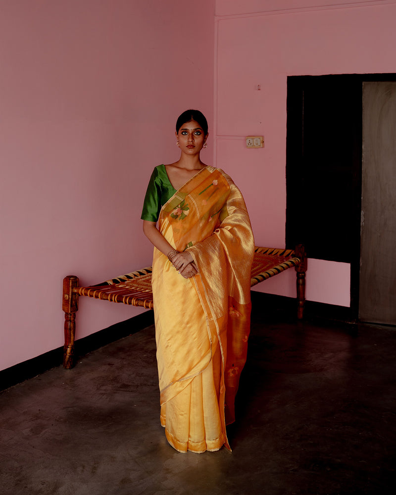 Suparna Som shonali sari 48 inch width by 5.5 meter length Mustard silk - delivery Time 8 weeks Festive 22 LOOK-25 - Shop Cult Modern