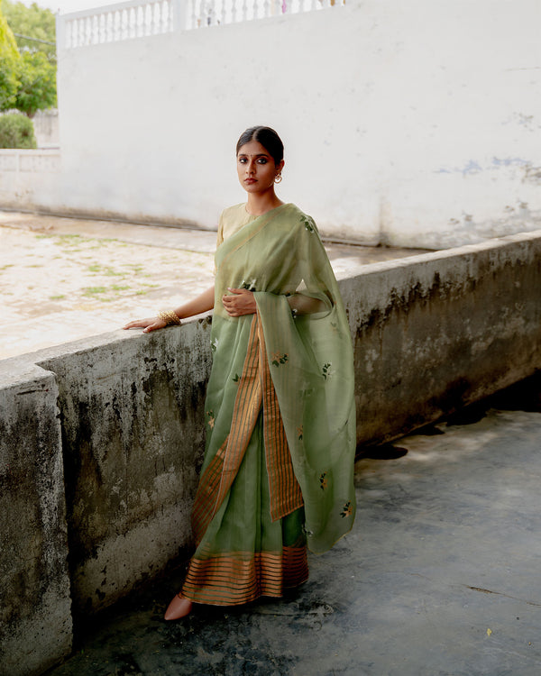 Suparna Som pushpa sari 48 inch width by 5.5 meter length Sage green silk - delivery Time 8 weeks Festive 22 LOOK-03 - Shop Cult Modern