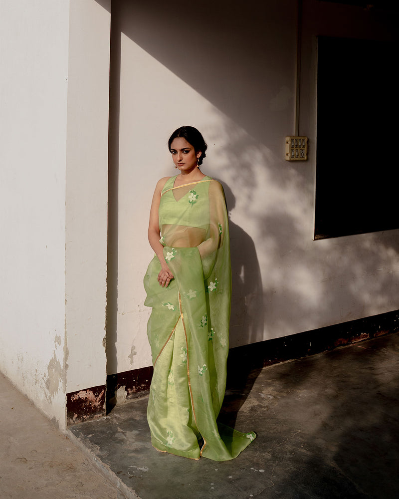 Suparna Som chameli sari 48 inch width by 5.5 meter length Green silk - delivery Time 8 weeks Festive 22 LOOK-20 - Shop Cult Modern