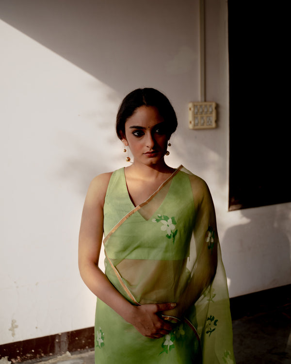 Suparna Som chameli sari 48 inch width by 5.5 meter length Green silk - delivery Time 8 weeks Festive 22 LOOK-20 - Shop Cult Modern