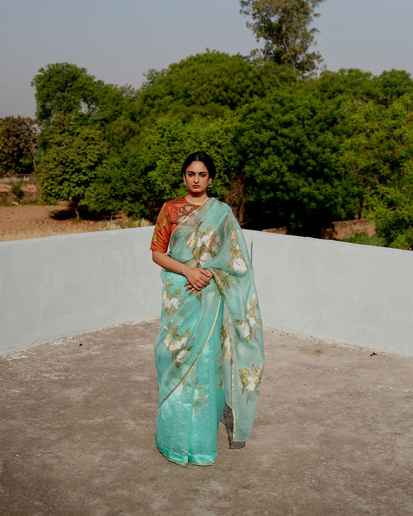 Suparna Som phulavaari sari 48 inch width by 5.5 meter length Aqua blue silk - delivery Time 8 weeks Festive 22 LOOK-21 - Shop Cult Modern