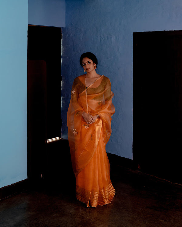 Suparna Som komola sari 48 inch width by 5.5 meter length Orange silk - delivery Time 8 weeks Festive 22 LOOK-14 - Shop Cult Modern