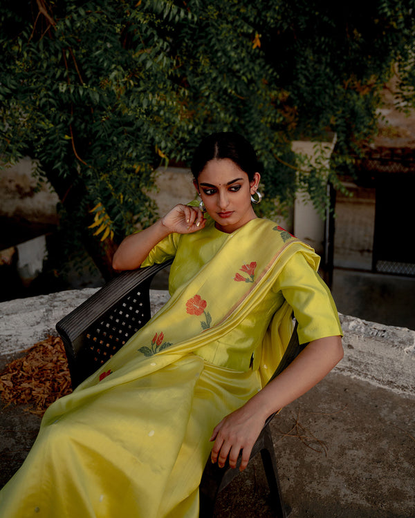 Suparna Som kiran sari 48 inch width by 5.5 meter length Lime silk - delivery Time 8 weeks Festive 22 LOOK-01 - Shop Cult Modern