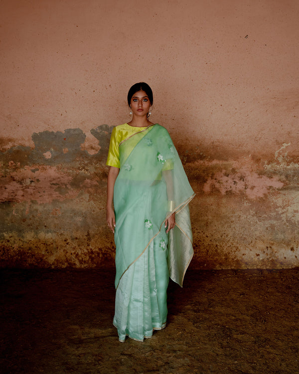 Suparna Som sheetal sari 48 inch width by 5.5 meter length Mint blue silk - delivery Time 8 weeks Festive 22 LOOK-24 - Shop Cult Modern