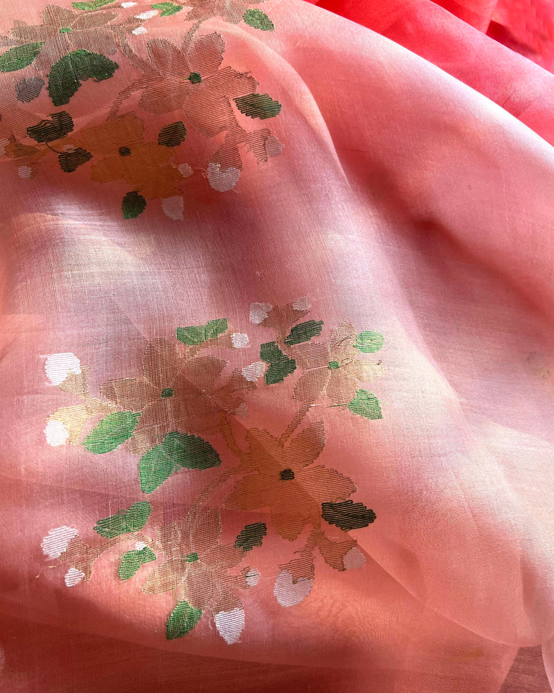 Suparna Som jui tora sari 48 inch width by 5.5 meter length Dark and light peach ombre silk - delivery Time 8 weeks Festive 22 LOOK-17 - Shop Cult Modern