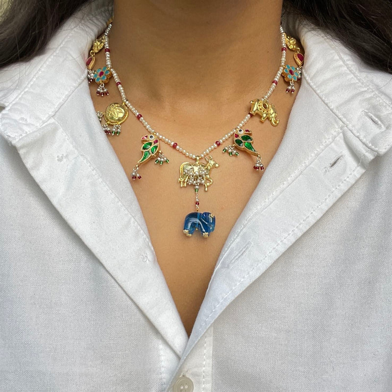 Sheetal Zaveri   I   Bhumi Necklace (Blue Elephant) Hancrafted Earrings, Natural pearls used.  SZ-N44 - Shop Cult Modern