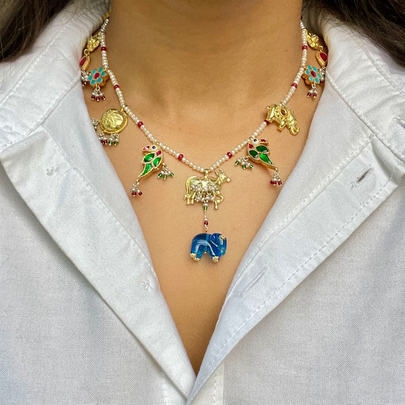 Sheetal Zaveri   I   Bhumi Necklace (Blue Elephant) Hancrafted Earrings, Natural pearls used.  SZ-N44 - Shop Cult Modern
