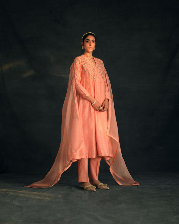 Shikha Mehta Alia Salmon Zayra Kurta Set Silk Chanderi Silk Organza Pink Hana Ss21F-Zk - Shop Cult Modern
