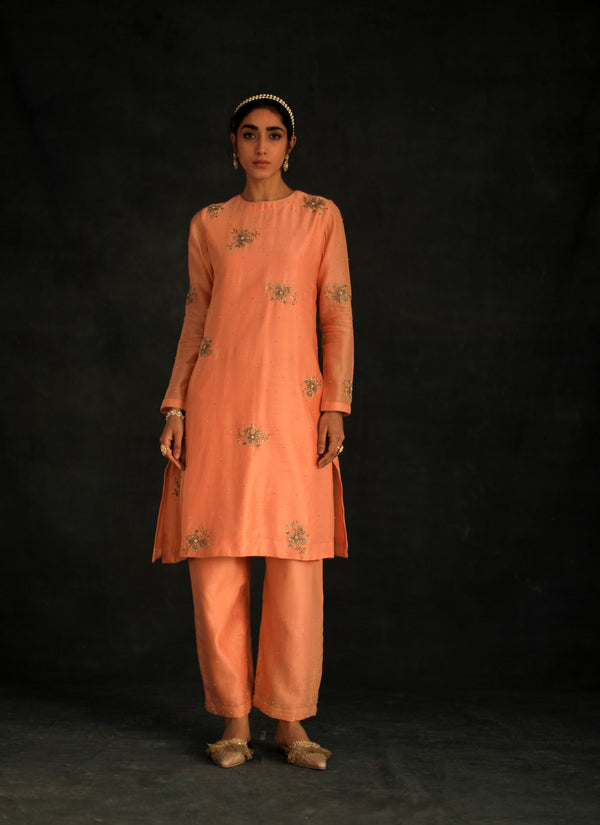 Shikha Mehta Britney Apricot Kaayra Kurta Set Silk Chanderi Peach Hana Ss21F-Ak - Shop Cult Modern