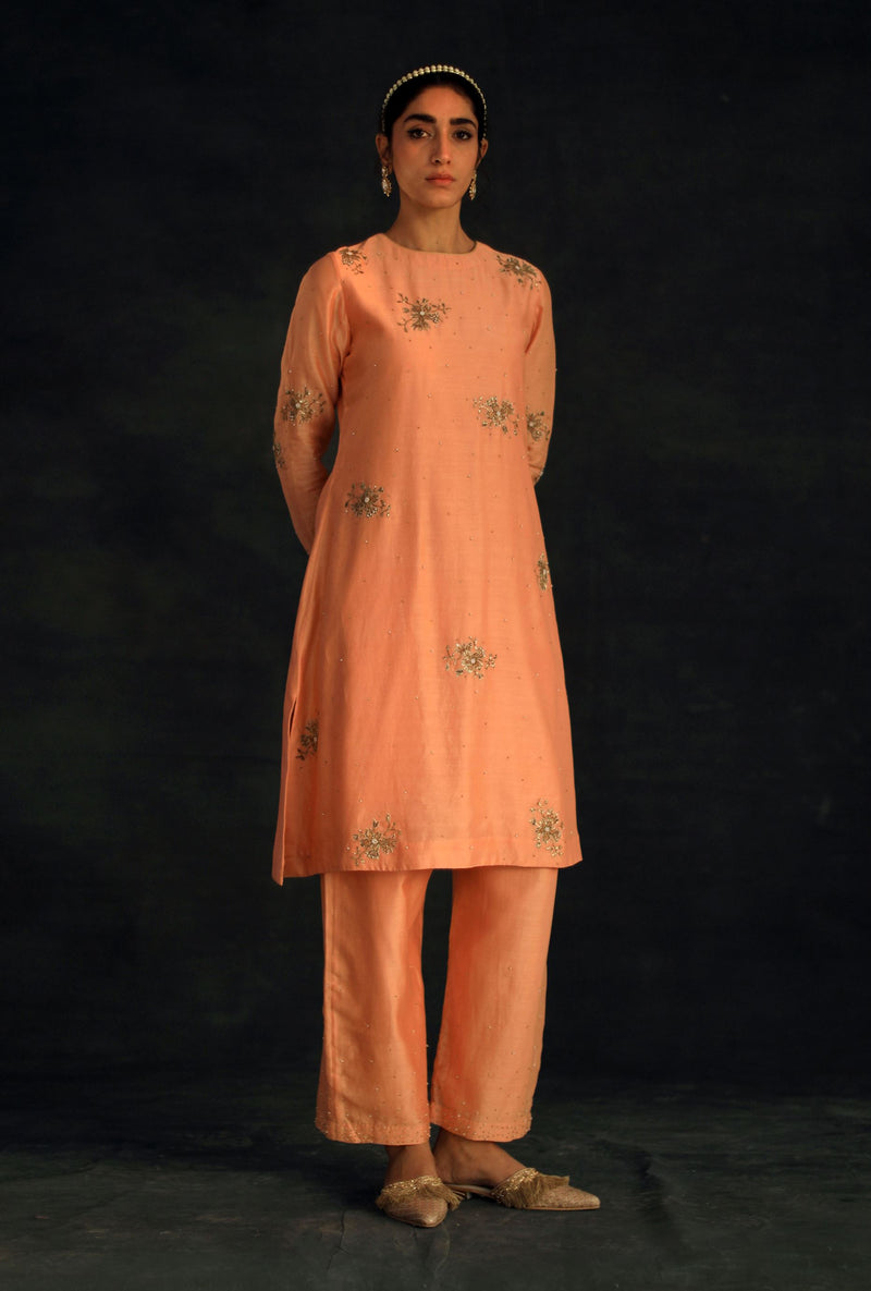 Shikha Mehta Britney Apricot Kaayra Kurta Set Silk Chanderi Peach Hana Ss21F-Ak - Shop Cult Modern