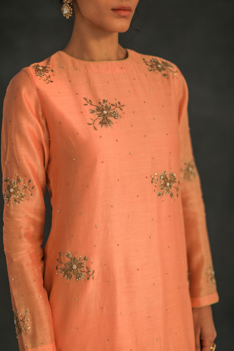 Shikha Mehta Britney Apricot Kaayra Kurta Set Silk Chanderi Peach Hana Ss21F-Ak - Shop Cult Modern