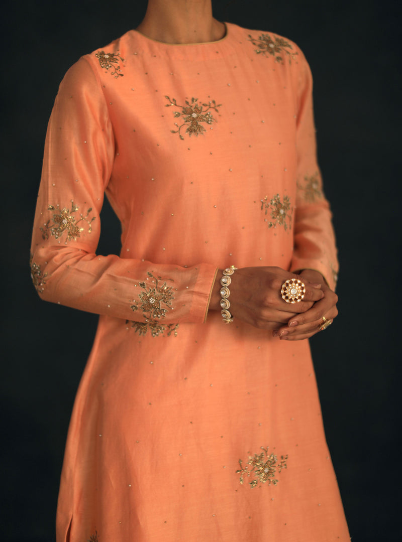 Shikha Mehta Britney Apricot Kaayra Kurta Set Silk Chanderi Peach Hana Ss21F-Ak - Shop Cult Modern