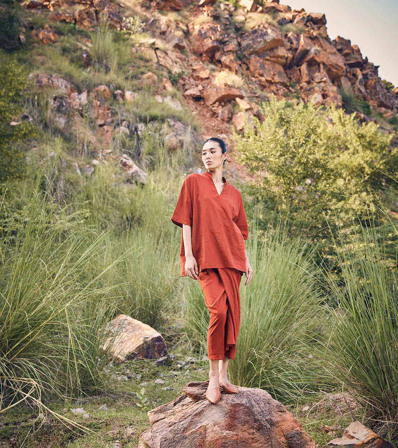 Khara Kapas Beyond The Rays Dhoti Skirt Co-ord Set 100% Cotton  Brick Red KW697 - Shop Cult Modern