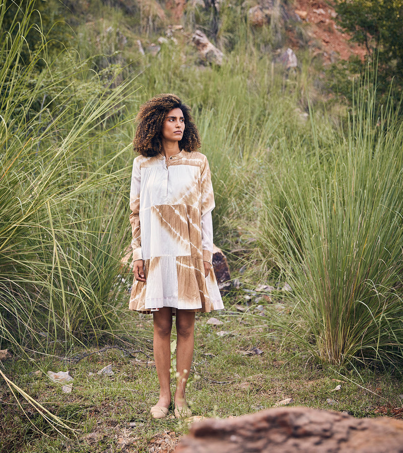 Khara Kapas Sandy Strings Dress 100% Cotton  White and Khaki Brown KW688 - Shop Cult Modern