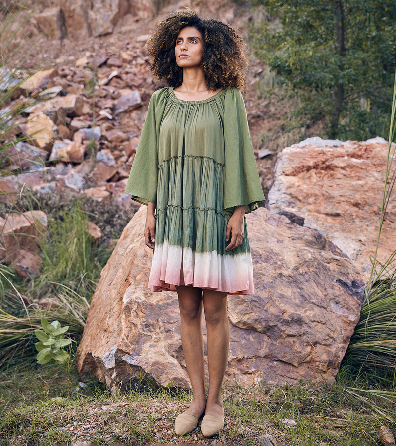 Khara Kapas Afar Times Dress 100% Cotton  Green and Pink KW678 - Shop Cult Modern