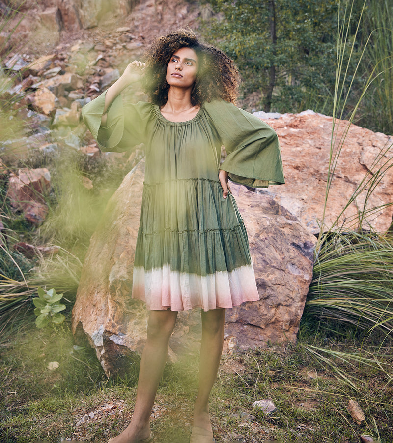 Khara Kapas Afar Times Dress 100% Cotton  Green and Pink KW678 - Shop Cult Modern