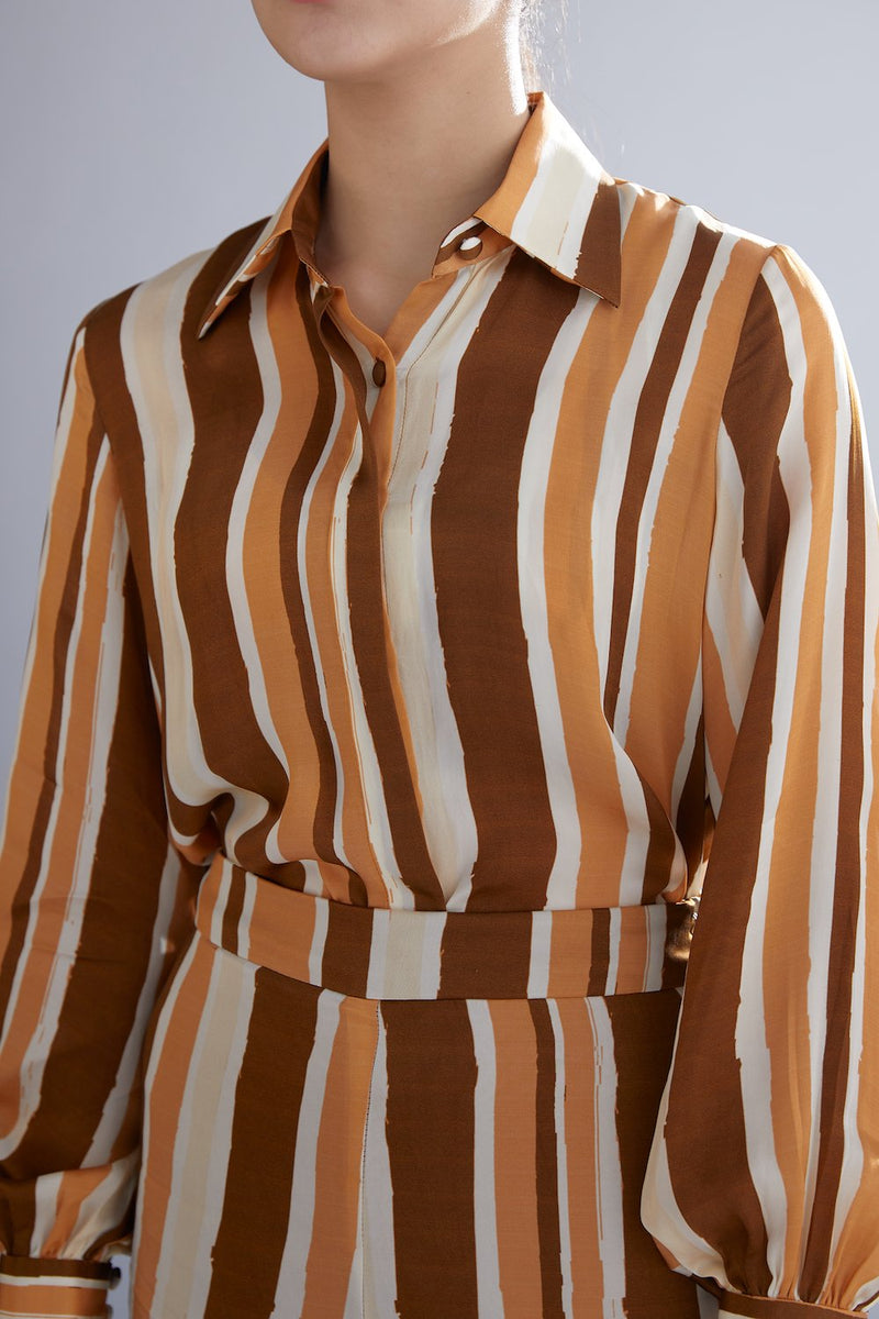 Koai   I   Brown Rust And Cream Stripe Shirt - Shop Cult Modern