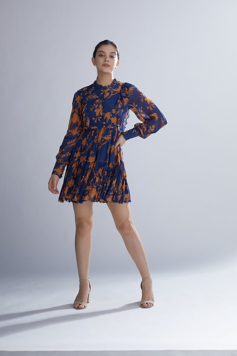 Koai   I   Blue And Orange Floral Frill Short Dress - Shop Cult Modern
