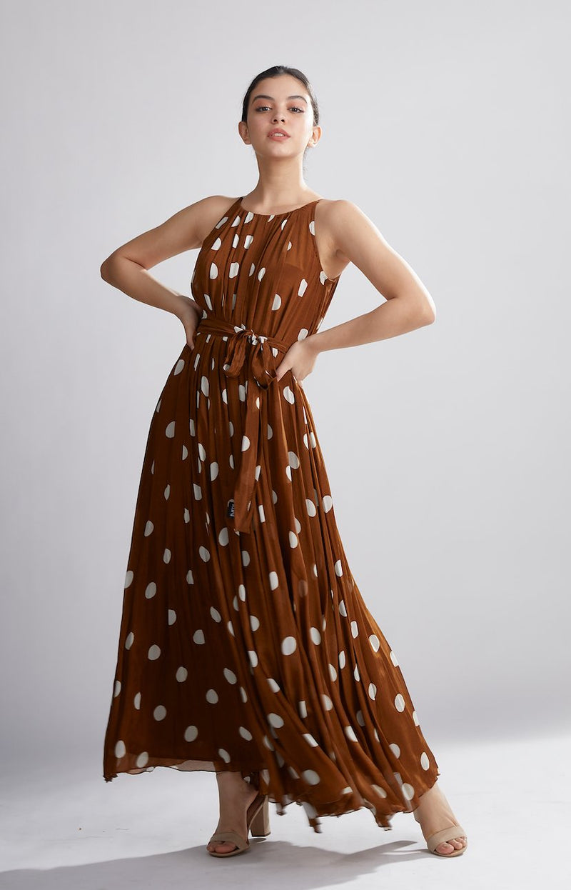 Koai   I   Brown And Cream Polka Pleated Dress - Shop Cult Modern
