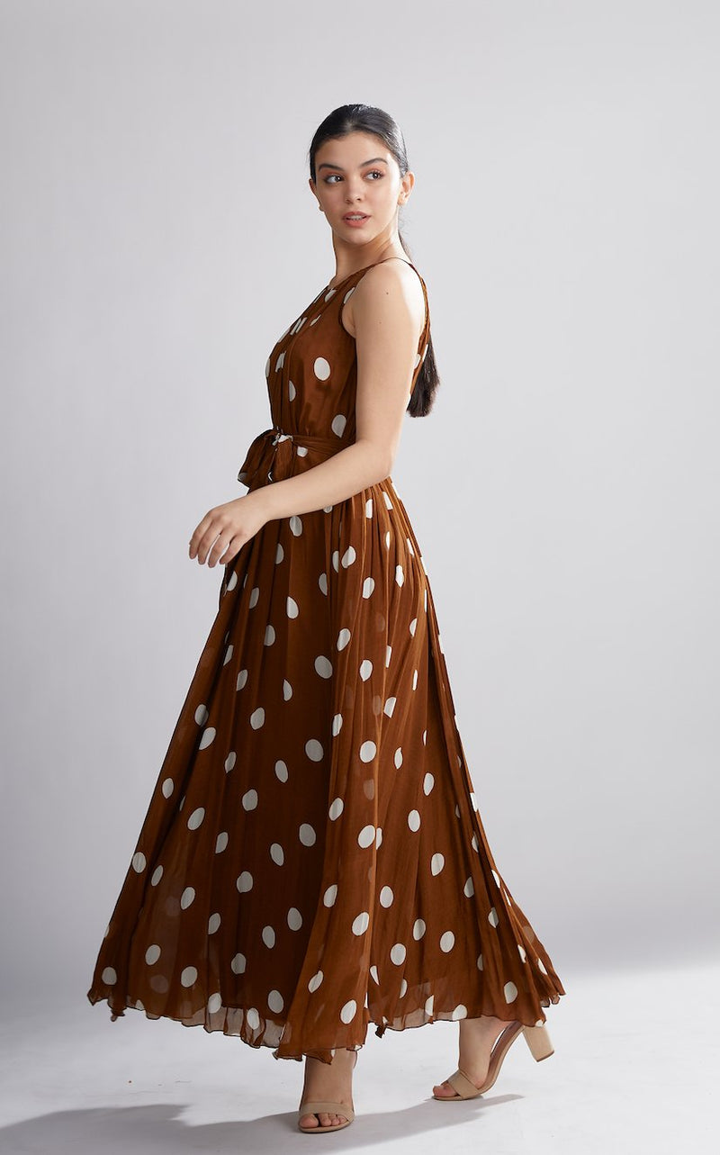 Koai   I   Brown And Cream Polka Pleated Dress - Shop Cult Modern