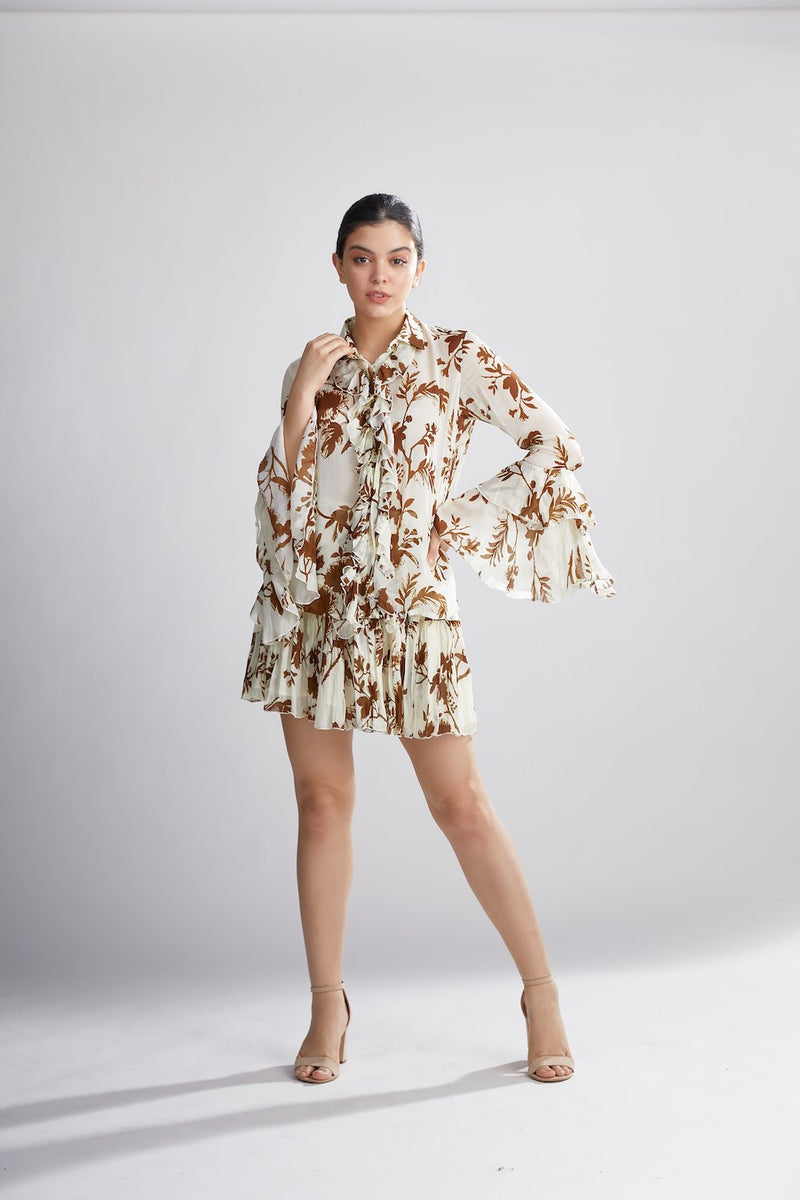 Koai   I   Cream And Brown Floral Frill Skirt - Shop Cult Modern