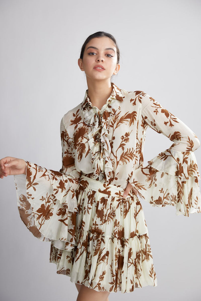 Koai   I   Cream And Brown Floral Frill Skirt - Shop Cult Modern