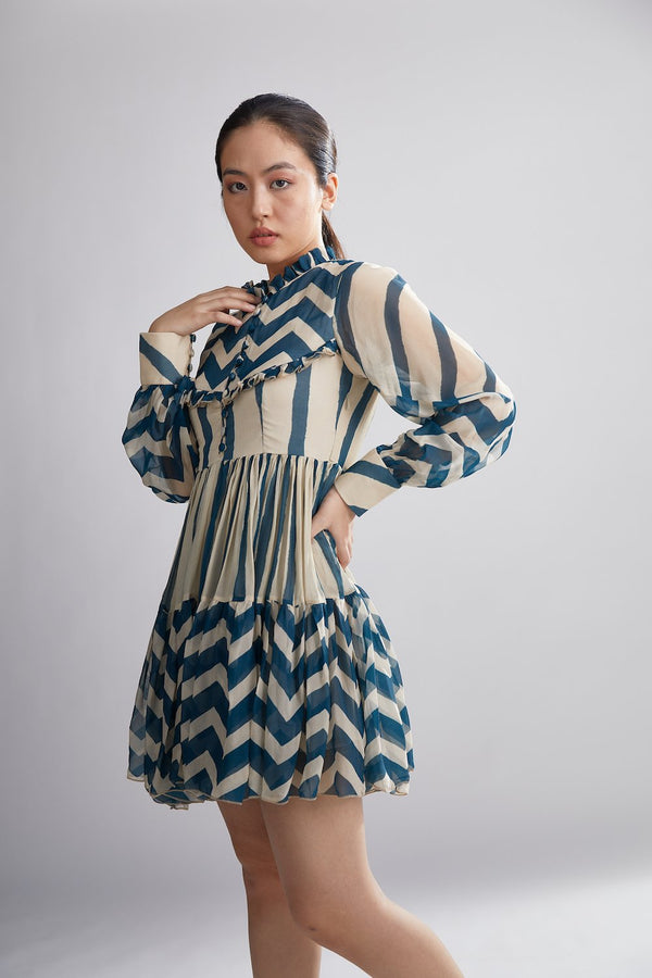 Koai   I   Teal And Cream Stripe Zig Zag Short Dress - Shop Cult Modern