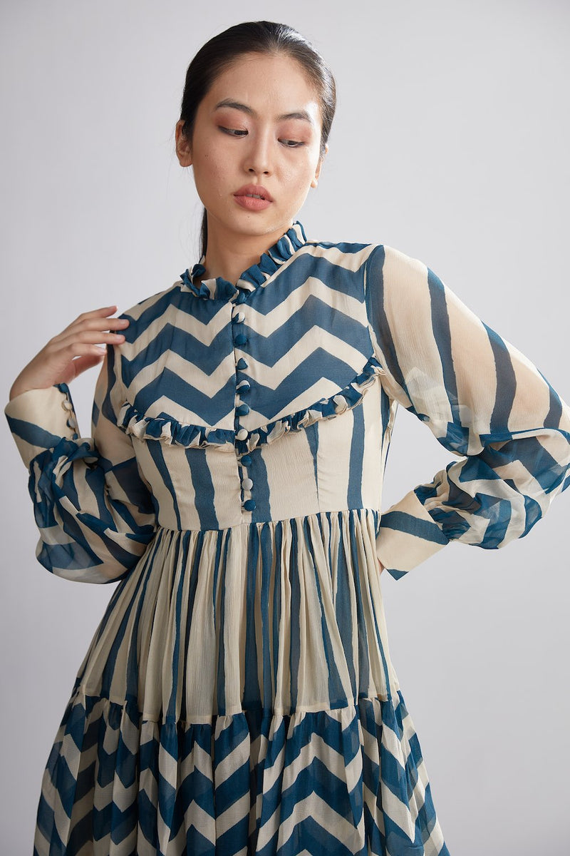 Koai   I   Teal And Cream Stripe Zig Zag Short Dress - Shop Cult Modern